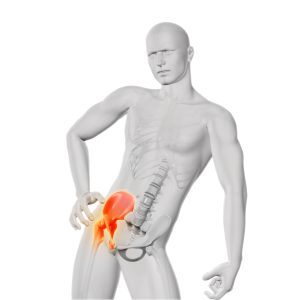 3D render of a male medical figure holding hip in pain