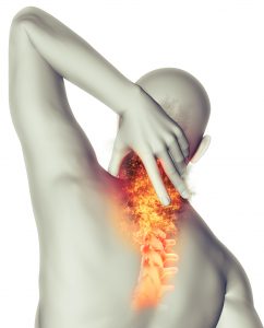 3D render of a male figure holding neck in pain with fire effect