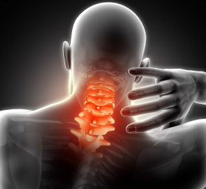 3D render of a medical image showing a male with neck pain