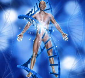 3D render of a medical background with male figure and DNA strands